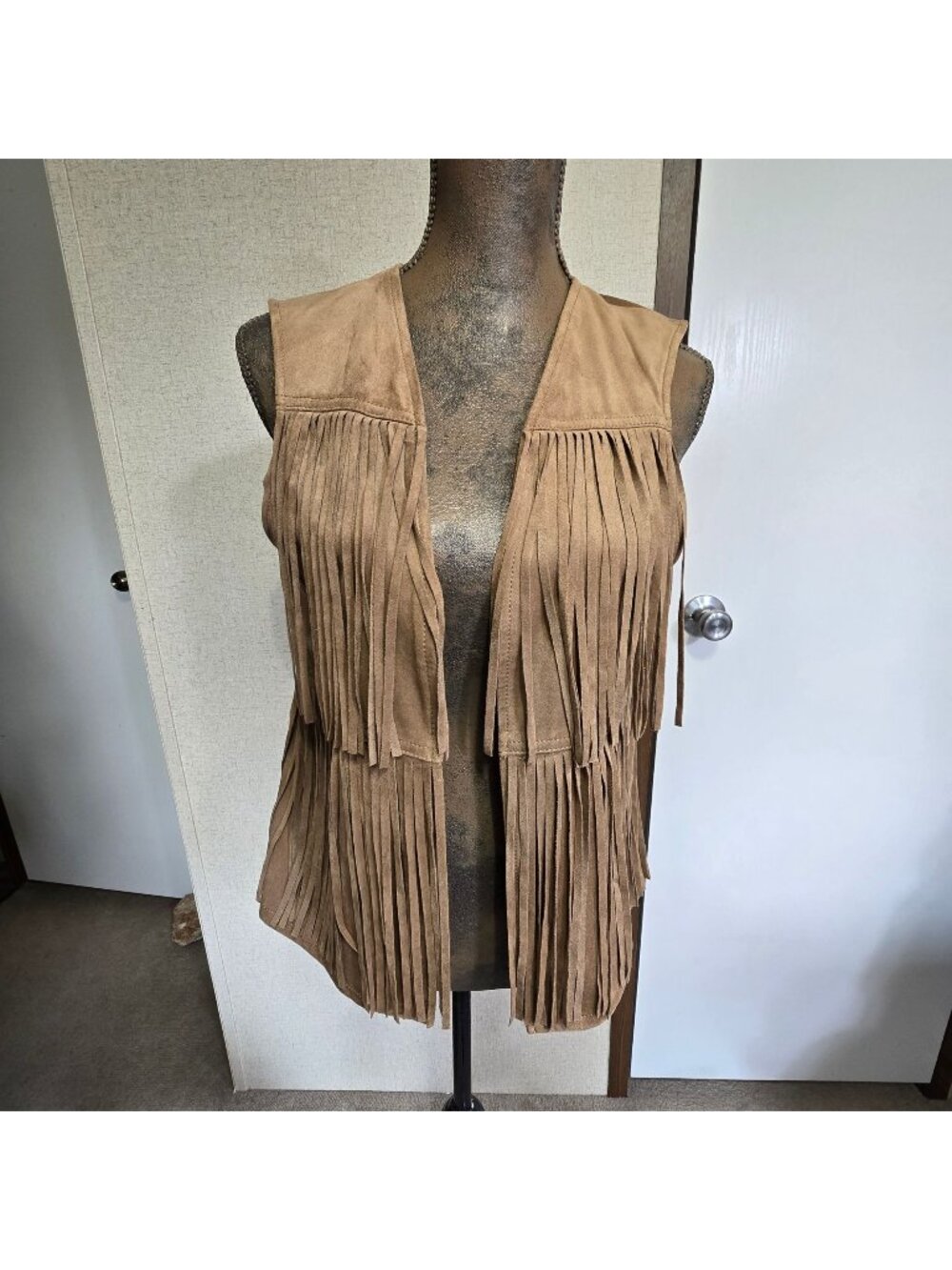 Marina Luna Medium Fringe Tan Faux Suede Vest Sleeveless Western Boho Vegan
